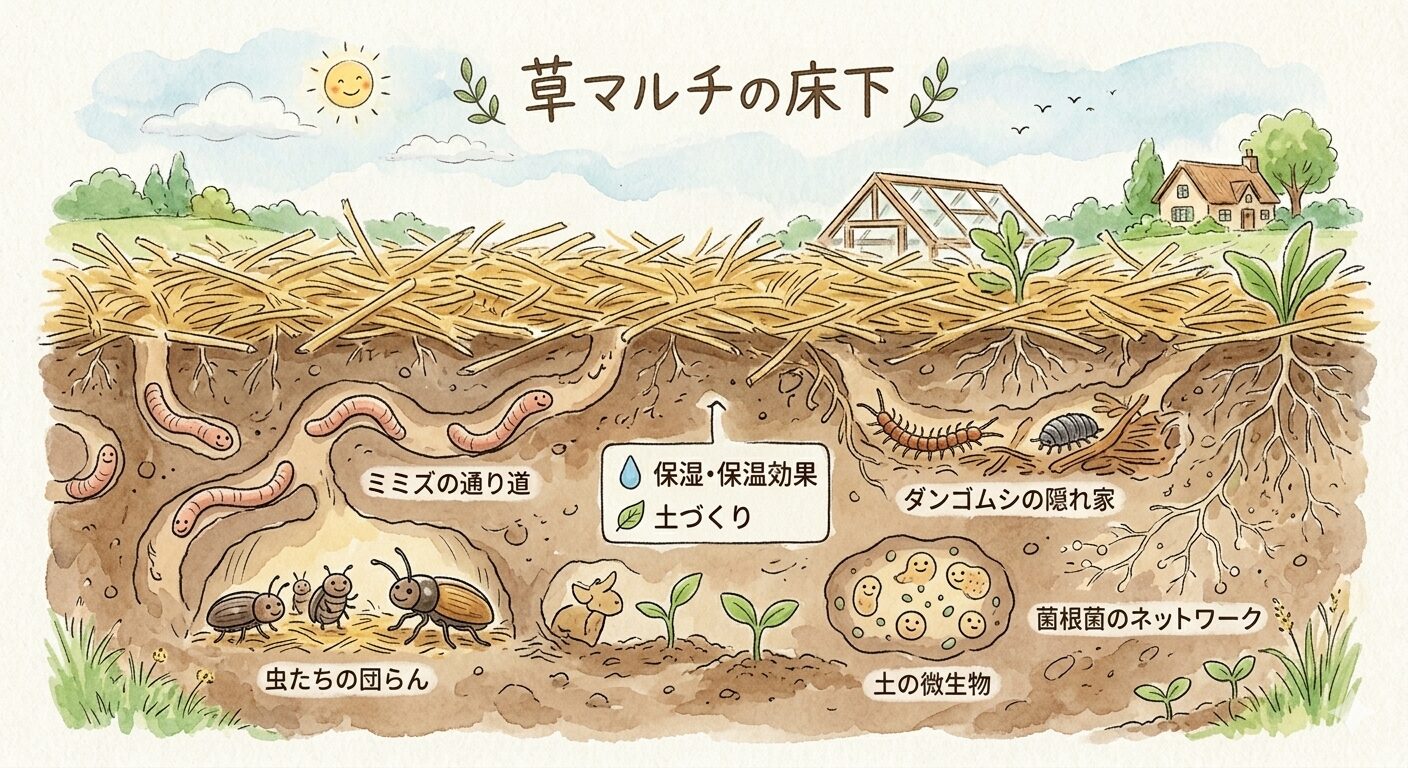 草マルチの床下で起きていること。ミミズ・微生物・菌根菌が働き、保湿・保温しながら土が育っていく