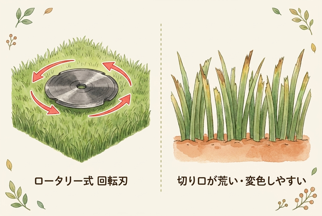 ロータリー式の回転刃と切り口が荒くなる様子